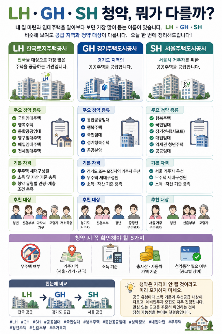 🏡 **LH·GH·SH 청약, 뭐가 다를까?** 내 집 마련과 임대주택을 알아보다 보면 가장 많이 듣는 이름이 있습니다. **LH · GH · SH** 비슷해 보여도 공급 지역과 청약 대상이 다릅니다. 오늘 한 번에 정리해드립니다! --- ## 🏢 LH (한국토지주택공사) **전국**을 대상으로 가장 많은 주택을 공급하는 기관입니다. ### 주요 청약 종류 ✔️ 국민임대주택 ✔️ 행복주택 ✔️ 통합공공임대 ✔️ 영구임대주택 ✔️ 매입임대주택 ✔️ 전세임대주택 ### 기본 자격 ✅ 무주택 세대구성원 ✅ 소득 및 자산 기준 충족 ✅ 청약 유형별 연령·계층 조건 충족 **추천 대상** * 청년 * 신혼부부 * 다자녀 가구 * 고령자 * 저소득층 --- ## 🏢 GH (경기주택도시공사) **경기도 지역**의 공공주택을 공급합니다. ### 주요 청약 종류 ✔️ 통합공공임대 ✔️ 행복주택 ✔️ 국민임대 ✔️ 경기행복주택 ✔️ 공공분양 ### 기본 자격 ✅ 경기도 또는 모집지역 거주자 우선 ✅ 무주택 세대구성원 ✅ 소득·자산 기준 충족 **추천 대상** * 경기도 거주자 * 신혼부부 * 청년 * 중장년 무주택자 --- ## 🏢 SH (서울주택도시공사) **서울시 거주자**를 위한 공공주택을 공급합니다. ### 주요 청약 종류 ✔️ 행복주택 ✔️ 국민임대 ✔️ 장기전세(시프트) ✔️ 매입임대 ✔️ 역세권 청년주택 ✔️ 공공임대 ### 기본 자격 ✅ 서울 거주자 우선 ✅ 무주택 세대구성원 ✅ 소득·자산 기준 충족 **추천 대상** * 서울 거주 무주택자 * 청년 * 신혼부부 * 고령자 --- ## 📌 청약 시 꼭 확인해야 할 5가지 ✔️ 무주택 여부 ✔️ 거주지역(서울·경기·전국) ✔️ 소득 기준 ✔️ 총자산·자동차 가액 기준 ✔️ 청약통장 필요 여부(공고별 상이) --- ### 한눈에 비교 🏠 **LH** 👉 전국 공급 🏠 **GH** 👉 경기도 공급 🏠 **SH** 👉 서울 공급 --- 💡 **청약은 자격이 안 될 것이라고 미리 포기하지 마세요.** 공급 유형마다 소득 기준과 우선공급 대상이 다르고, 예비입주자 모집도 자주 진행됩니다. 관심 있는 공고를 꾸준히 확인하는 것이 당첨 가능성을 높이는 첫걸음입니다. #LH #GH #SH #공공임대 #국민임대 #행복주택 #통합공공임대 #청약정보 #내집마련 #무주택 #청년주택 #신혼부부 #주거복지