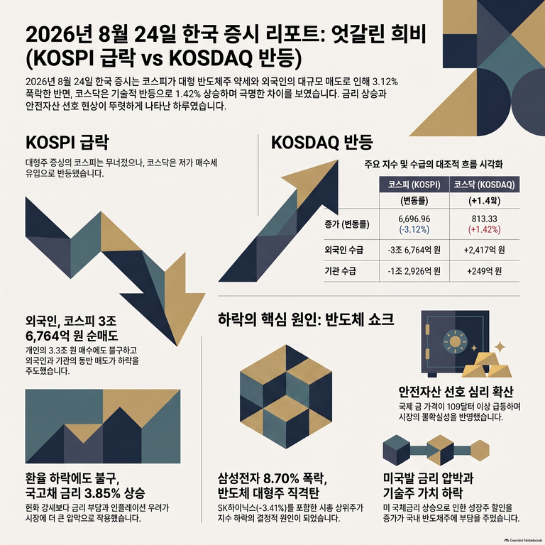 코스피 3.12% 급락, 코스닥은 1.42% 반등한 엇갈린 장세